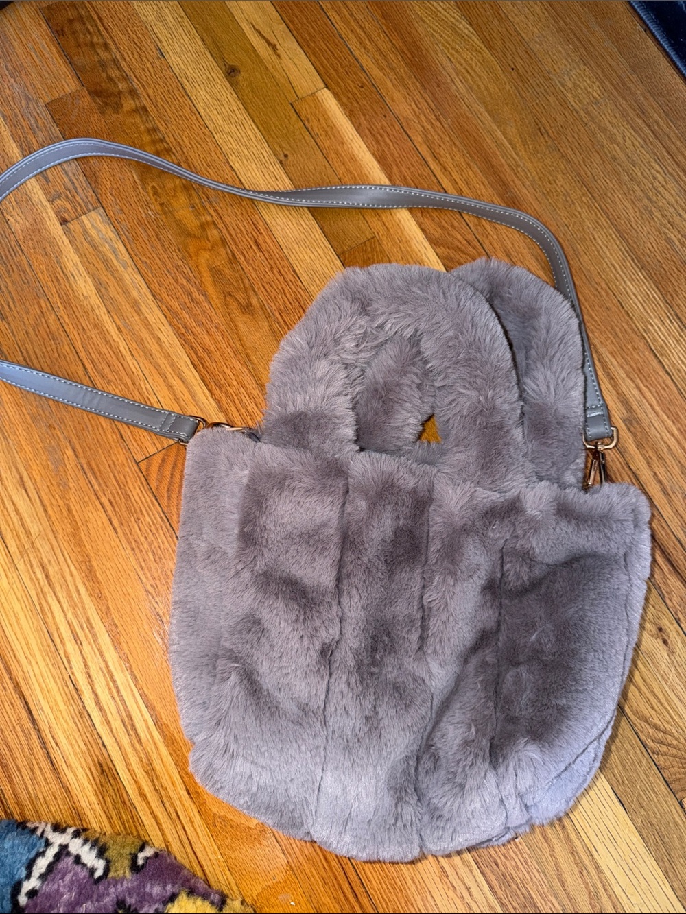 Gray Faux Fur Tote Bag with Shoulder Strap
